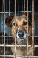 Ein eingesperrter Straßenhund in einem Käfig aus Metall  - obrazy, fototapety, plakaty