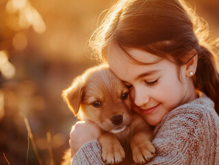 Young girl hugging a small brown puppy 