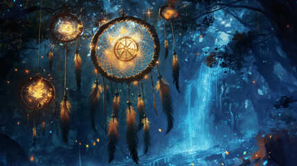 Dreamcatcher with feathers and crystals - obrazy, fototapety, plakaty