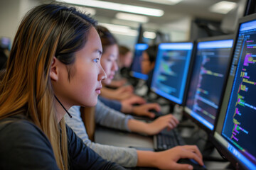 Naklejka premium Focused female programmer working at her desk with multiple monitors. Technology and career.