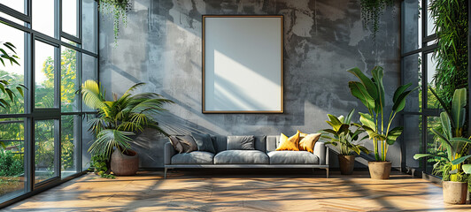 A modern loft room with Brutalist design elements, grunge textures, and a spacious layout. Large windows illuminate the stylish interior decor.