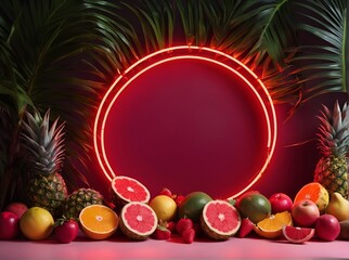 A red circle of neon light on a background of tropical fruits. studio shooting.