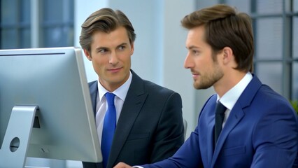 Fototapeta na wymiar Young businessman discussing with colleague over desktop pc in office