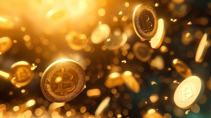 Golden background with shiny gold Bitcoin coins in the air, cryptocurrency - obrazy, fototapety, plakaty