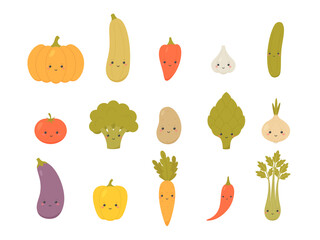 Set of vegetables characters isolated on white background. Vector illustration.