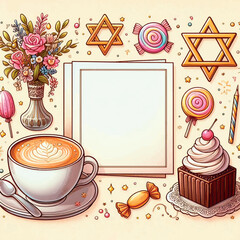 festive template, espresso with cake, Jewish star of David, beautiful design for a card