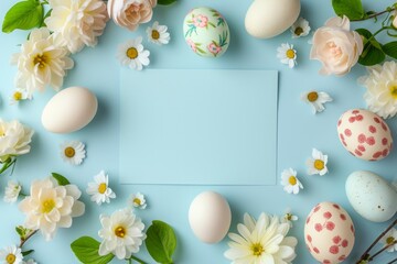 Naklejka na ściany i meble Decorated Easter eggs with flowers laid out in a circle on a blue background with a blue leaf in the center with space for copy text. Spring card. Valentine's day, wedding day and anniversary concept