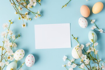 Decorated Easter eggs with flowers laid out in a circle on a blue background with a white leaf in the center with space for copying the text. Spring card. Valentine's day, wedding day and anniversary 
