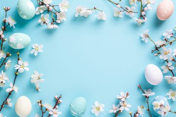 Naklejka na ściany i meble Decorated Easter eggs with flowers laid out in a circle on a blue background in the center with space for copy text. Spring card. Valentine's day, wedding day and anniversary concept