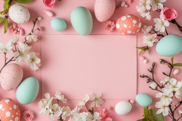 Naklejka na ściany i meble Decorated Easter eggs with flowers laid out in a circle on a pink background with a pink leaf in the center with space for copy text. Spring card. Valentine's day, wedding day and anniversary concept