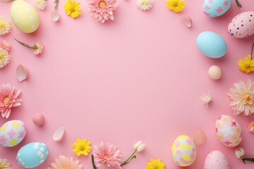 Naklejka na ściany i meble Decorated Easter eggs with flowers laid out in a circle on a pink background with space for copy text. Spring card. Valentine's day, wedding day and anniversary concept