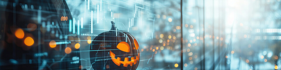 jack o lantern and stock market price data web banner - obrazy, fototapety, plakaty