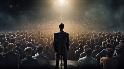 Rear view of a large crowd of business people sitting in a conference room before the speaker's...