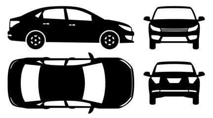 Car silhouette on a white background. Vehicle icons set view from the side, front, back, and top