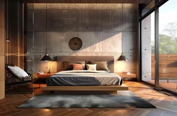 Sophisticated Modern Style Bedroom Interior Design with Concrete Floor and Ceiling, Luxury Decor and Elegant Furnishings