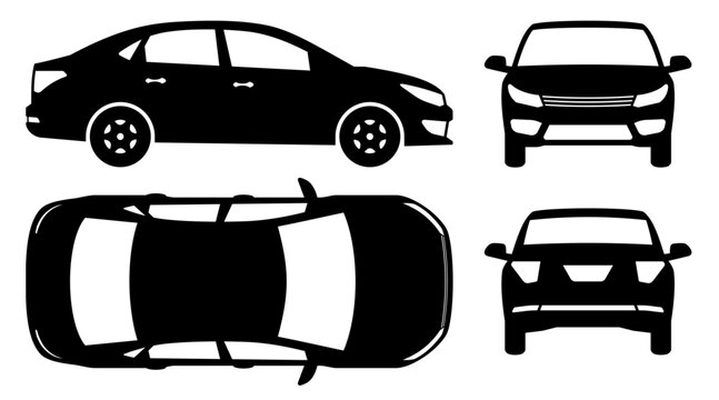 Car silhouette on a white background. Vehicle icons set view from the side, front, back, and top