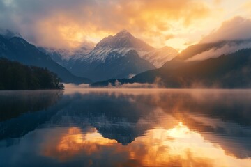 Fototapeta premium A magnificent landscape of mountains, green trees and a lake with bright clouds reflected in it. The concept for the development of tourism, mountaineering, skiing, rock climbing.