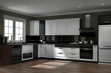 Fototapeta premium Sleek and Stylish Modern Kitchen Design - Striking Black and White Kitchen Cabinets for a Contemporary Look