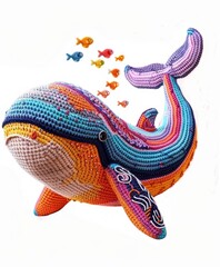 Illustration vector designs a handcrafted style amigurumi whale with detailed crochet patterns and vibrant yarn colors White background