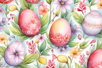 Fototapeta na wymiar We draw in watercolors beautiful multi-colored Easter eggs with flowers for the holiday of Holy Easter. ​Easter and spring celebration concept. Postcard on a spring theme. 
