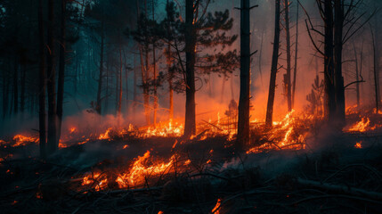Fire in the forest at night. Burning trees. natural disaster. Fire and smoke in nature