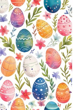 We draw in watercolors beautiful multi-colored Easter eggs with flowers for the holiday of Holy Easter. Easter and spring celebration concept. Postcard on a spring theme, vertical

​