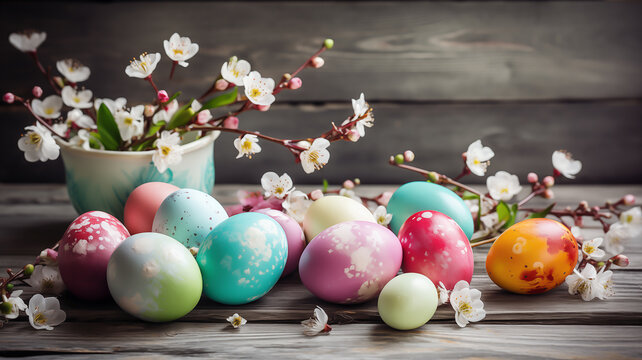 Multi-colored Easter eggs, painted Easter eggs set decoration flowers, Joyful holiday background.