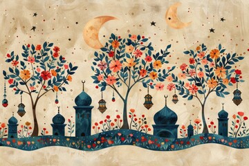 design watercolour painting of ramadan decoration and islamic greeting card background