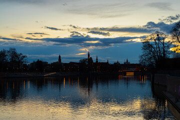 Beautiful, old architecture of the old town of Wroclaw,on sunset, on the banks of the Odra river. Wroclaw. Poland.