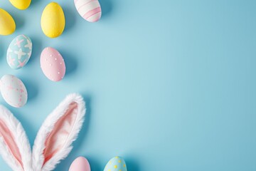 Toy fluffy bunny ears along with decorated eggs on a blue background create a frame with empty space in the middle for your text, Easter celebration concept, top view