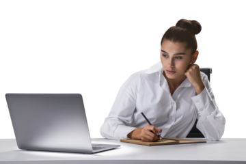 Contemplative businesswoman with pen and notebook, laptop on desk, strategic planning concept