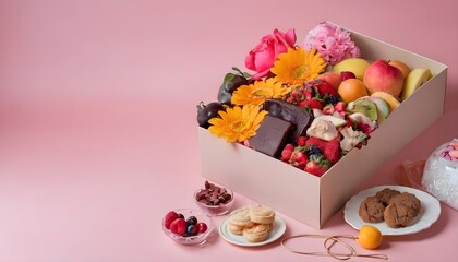 Gastronomic box, food, sweets and fruits, flowers for a gift