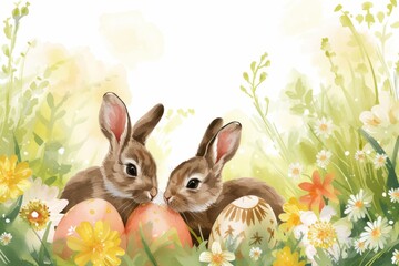 Illustration of two rabbits, Easter eggs and flowers on a light background. Concept for celebrating the arrival of spring and Easter day. 
Еmpty space for text.
