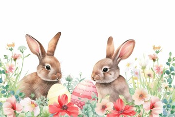 Obraz premium Illustration of two rabbits, Easter eggs and flowers on a light background. Concept for celebrating the arrival of spring and Easter day. Еmpty space for text.