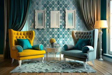 Vibrant Living Room Design - Turquoise Accents and Yellow Chairs for a Lively and Inviting Space