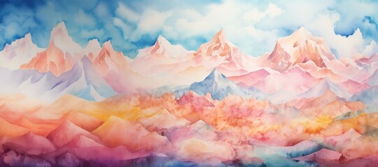 Obraz na płótnie Canvas Drawn illustration of watercolor mountains. The concept for the development of tourism, mountaineering, skiing, rock climbing, excursions in the mountains, banner 