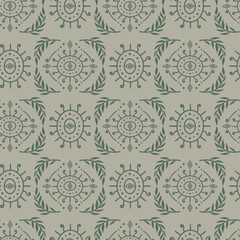 Seamless green Damask pattern on a beige background. Floral abstract repeat monochrome background.