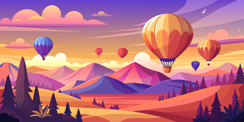 Dreamy Skies Delight: Pastel Hot Air Balloons at Sunset Vector Scene
