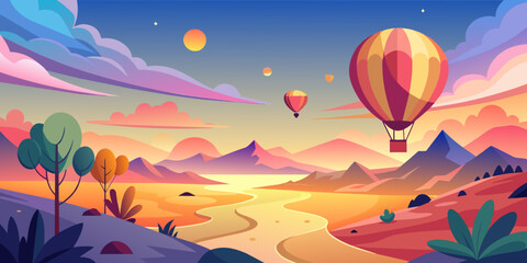 Fototapeta na wymiar Dreamy Skies Delight: Pastel Hot Air Balloons at Sunset Vector Scene