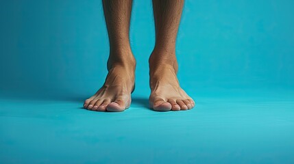 Bare male feet on a blue background. - obrazy, fototapety, plakaty