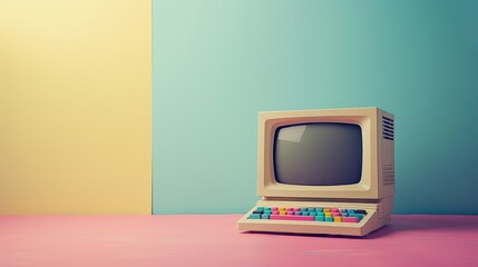 Vintage retro computer on a rainbow background.