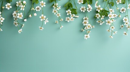 A blank from a blue background with blooming green plants. Spring sale.