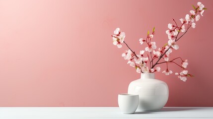 A beautiful white jug with a flowering branch on a pink background. Spring sale.