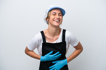 Fishwife woman isolated on white background smiling a lot