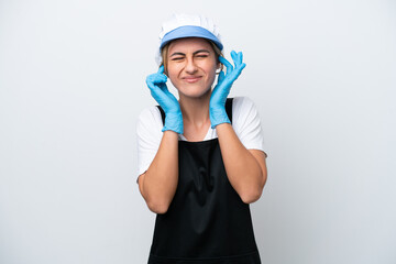 Fishwife woman isolated on white background frustrated and covering ears