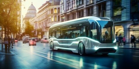 An ecofriendly bus glides through futuristic city streets promoting sustainable urban transport. Concept Eco-Friendly Transportation, Futuristic Cities, Urban Sustainability, Public Transportation