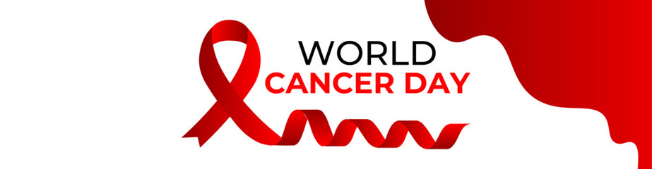 World Cancer Day - Red ribbon as world cancer day symbol with text sample. world cancer awareness day ribbon. banner, cover, poster, flyer, brochure, website, backdrop. vector illustration