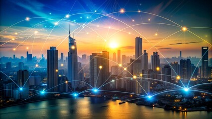 Smart city and abstract dot point connect with gradient line and aesthetic Intricate wave line design , big data connection technology concept