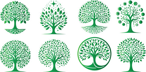 Green tree of life, eco friendly tree icons, perfect for branding, nature logos, eco friendly campaigns. Vibrant, diverse designs symbolizing growth, ecology - obrazy, fototapety, plakaty