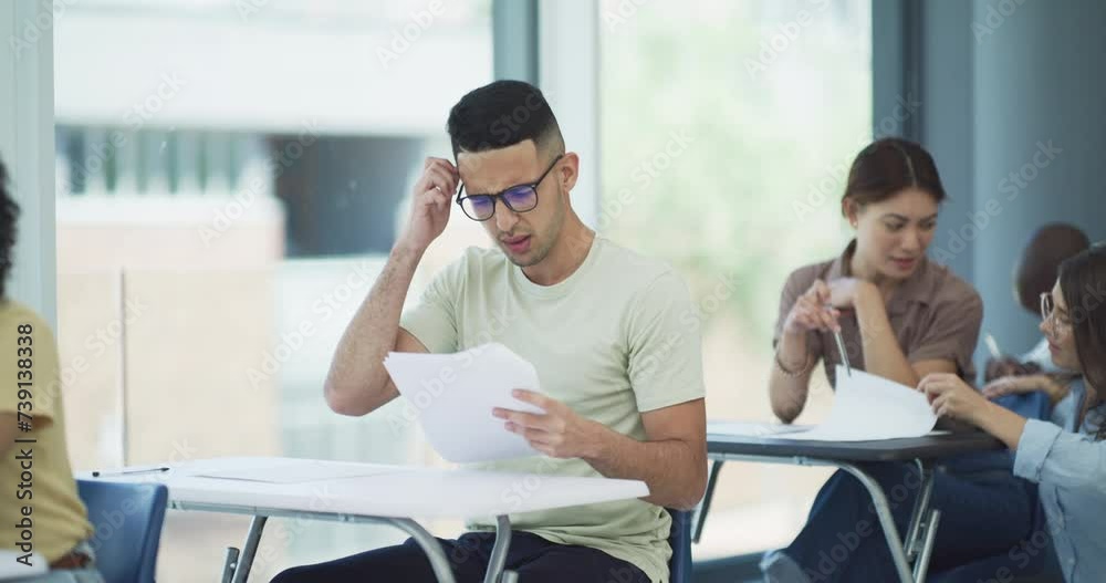 Poster man, exam and confused for question in classroom, assessment and university student studying. school